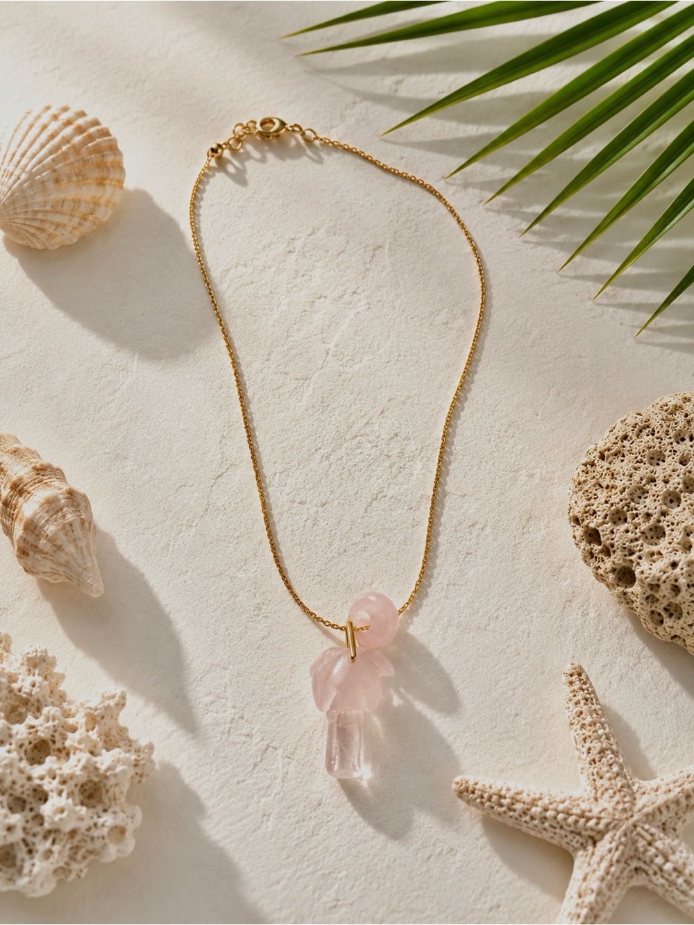 Gold Chain Necklace with Pink Rose Quartz Pendant